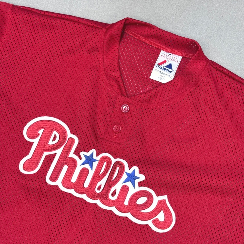 Vtg MAJESTIC Philadelphia Phillies MLB Jersey Mens XL Red Mesh Made in USA